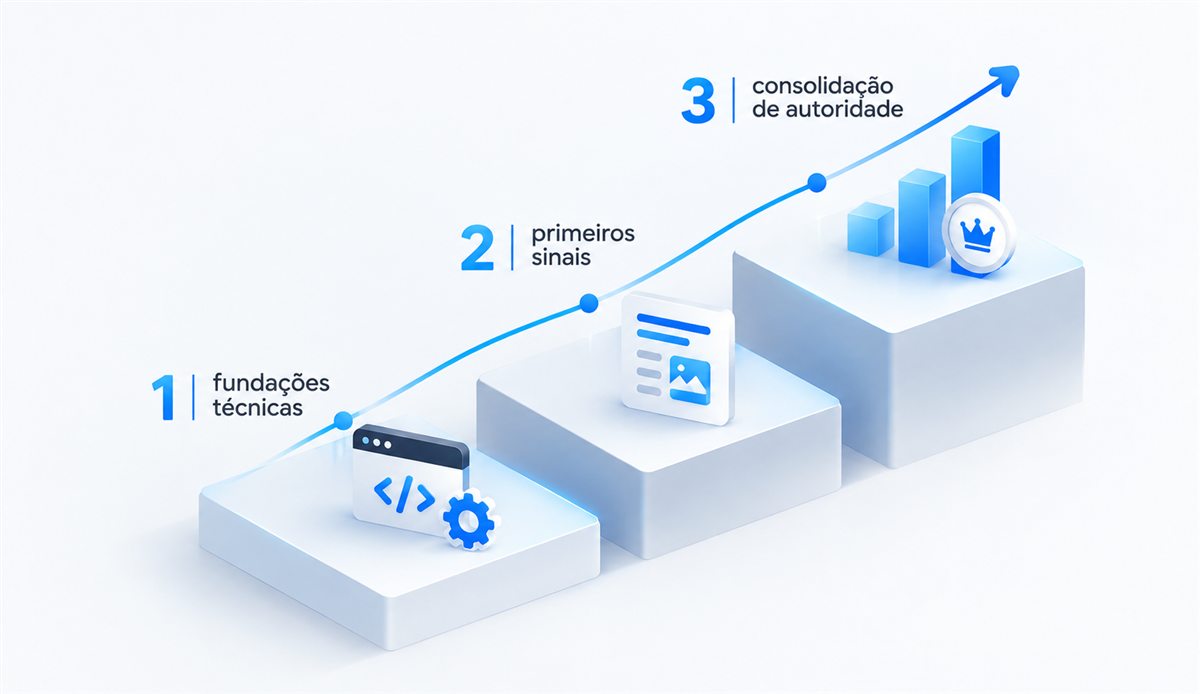 Ilustração das três fases de progressão do SEO: fundações técnicas, primeiros sinais e consolidação de autoridade, representadas como plataformas ascendentes.