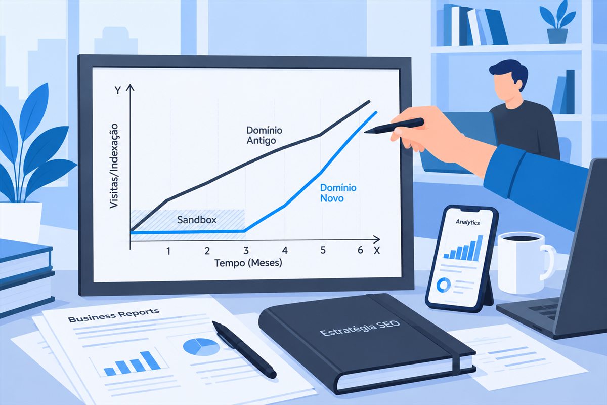 Gráfico comparando o crescimento de visitas e indexação ao longo do tempo entre um domínio antigo e um domínio novo, mostrando o período de sandbox nos primeiros meses do domínio novo.